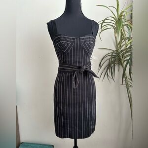 Nanette Lepore Pinstripe corset midi dress black & cream Sheath dress w/ belt 2